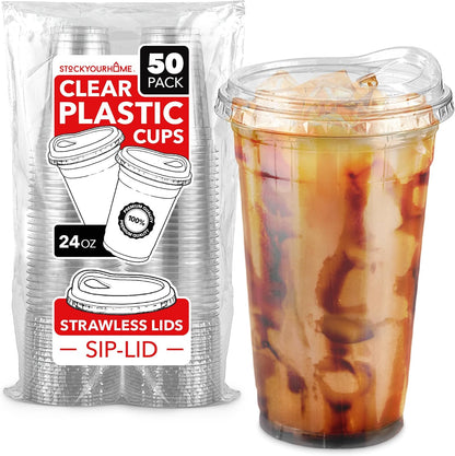 16 oz Clear Plastic Cups with Lids Disposable, Togo Drinking Cup with Strawless Sip Lid for Smoothie, Cold Brew Iced Coffee, Lemonade, Ice Latte, Boba, Party Drinks, Bulk, 16 Ounce (Set of 50)