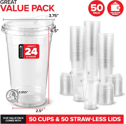 16 oz Clear Plastic Cups with Lids Disposable, Togo Drinking Cup with Strawless Sip Lid for Smoothie, Cold Brew Iced Coffee, Lemonade, Ice Latte, Boba, Party Drinks, Bulk, 16 Ounce (Set of 50)