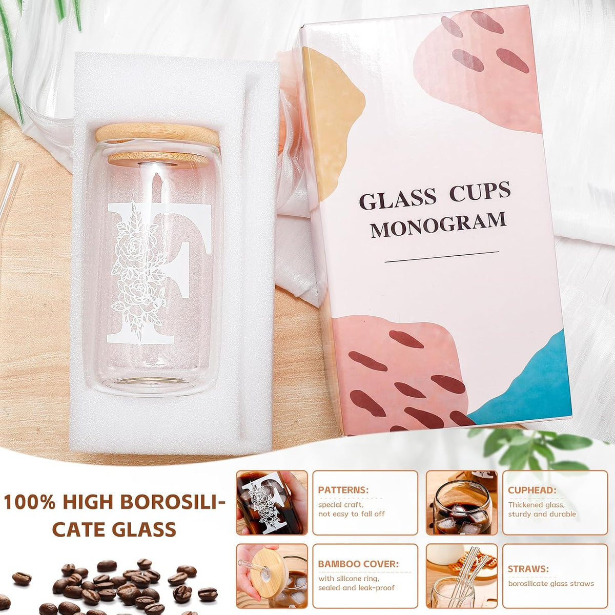 Christmas Gifts for Women: Initial Glass Cup as Office Graduation Memorial Holiday Personalized Gifts - for Mom Grandma Wife Girlfriend Sister Daughter Friend Christmas Gifts - F Aesthetic Cup