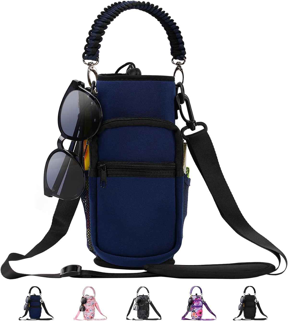 32/40/64/87/128 oz Water Bottle Carrier Bag, Neoprene Water Bottle Sleeve with 4 Pocket, Sport Water Holder with Paracord Handle and Shoulder Strap for Walking Hiking Camping Gym