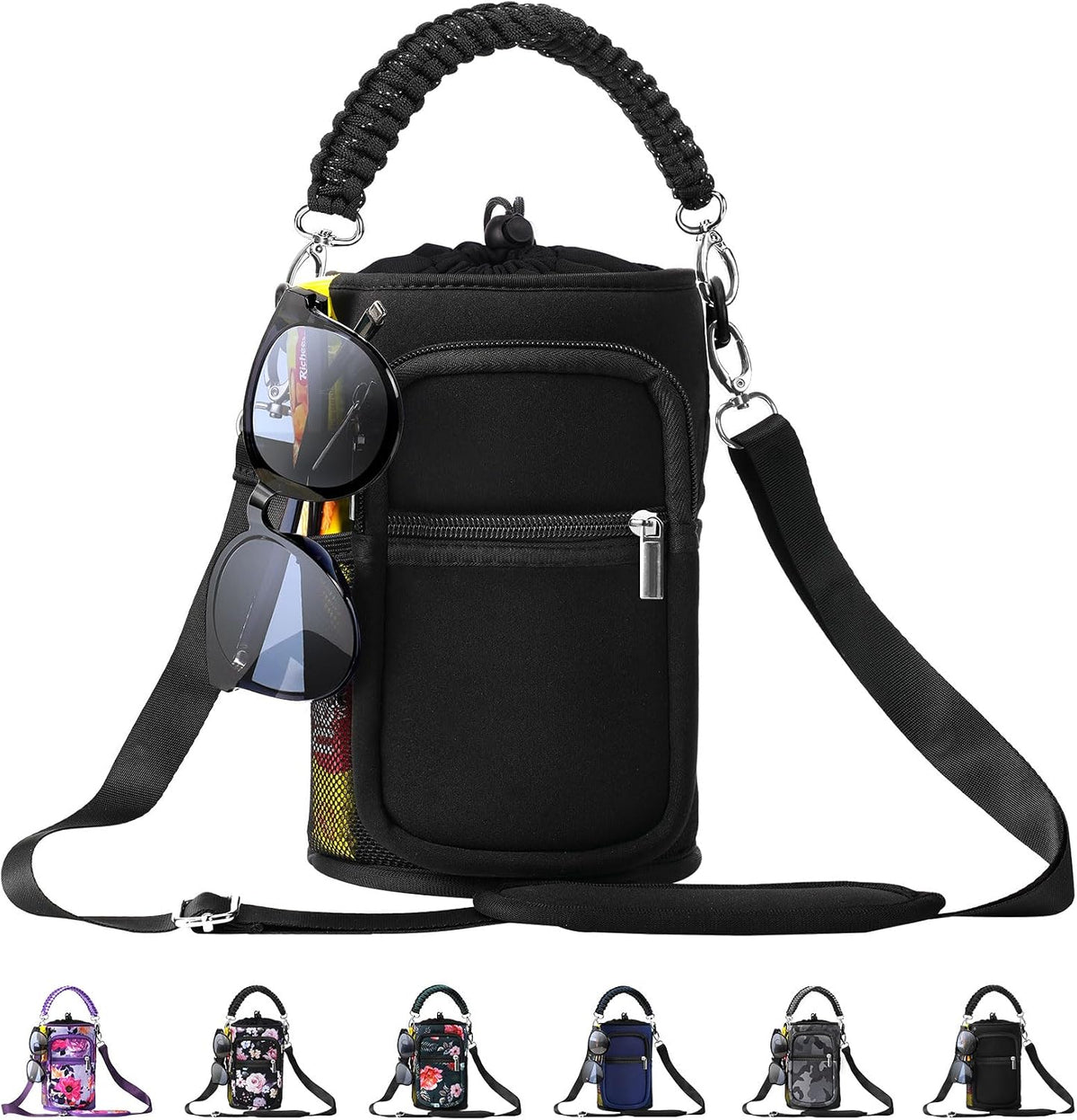 32/40/64/87/128 oz Water Bottle Carrier Bag, Neoprene Water Bottle Sleeve with 4 Pocket, Sport Water Holder with Paracord Handle and Shoulder Strap for Walking Hiking Camping Gym