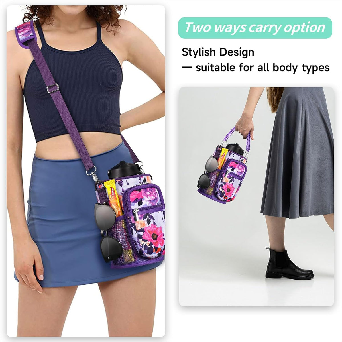32/40/64/87/128 oz Water Bottle Carrier Bag, Neoprene Water Bottle Sleeve with 4 Pocket, Sport Water Holder with Paracord Handle and Shoulder Strap for Walking Hiking Camping Gym