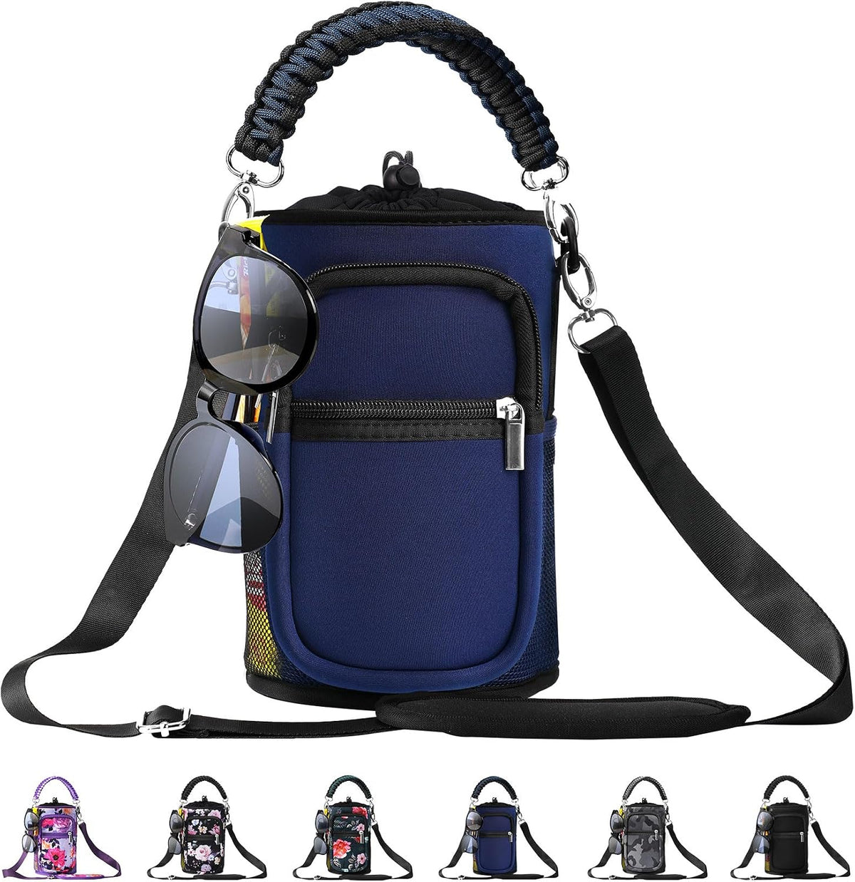 32/40/64/87/128 oz Water Bottle Carrier Bag, Neoprene Water Bottle Sleeve with 4 Pocket, Sport Water Holder with Paracord Handle and Shoulder Strap for Walking Hiking Camping Gym