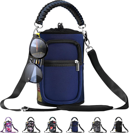 32/40/64/87/128 oz Water Bottle Carrier Bag, Neoprene Water Bottle Sleeve with 4 Pocket, Sport Water Holder with Paracord Handle and Shoulder Strap for Walking Hiking Camping Gym