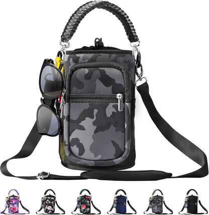 32/40/64/87/128 oz Water Bottle Carrier Bag, Neoprene Water Bottle Sleeve with 4 Pocket, Sport Water Holder with Paracord Handle and Shoulder Strap for Walking Hiking Camping Gym