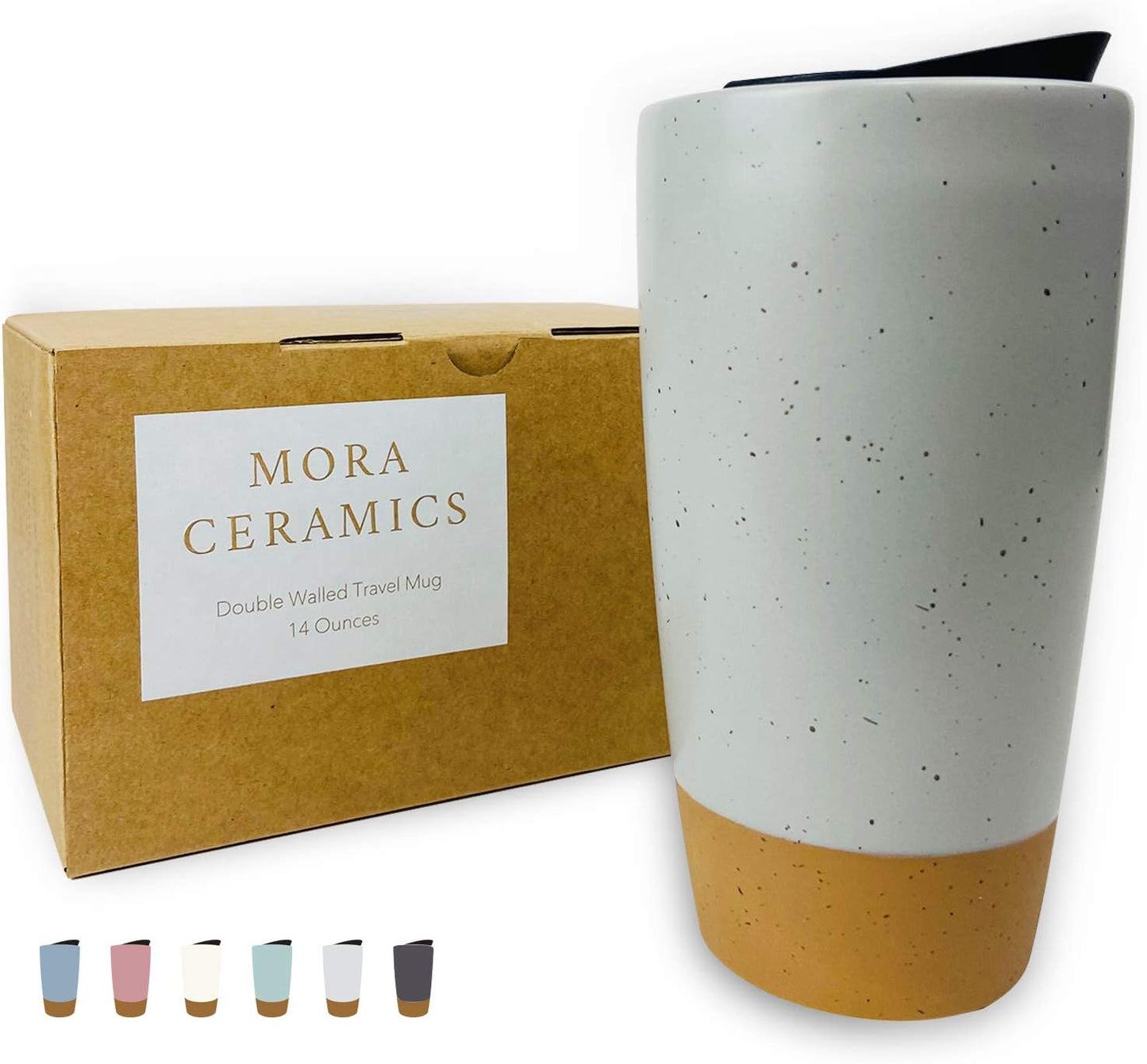 Double Wall Ceramic Coffee Travel Mug with Lid, 14 oz, Portable, Microwave, Dishwasher Safe, Insulated Reusable Tall Cup, Splash Resistant Lid - To Go Tumbler for Car Cup Holder, Dusty Blue