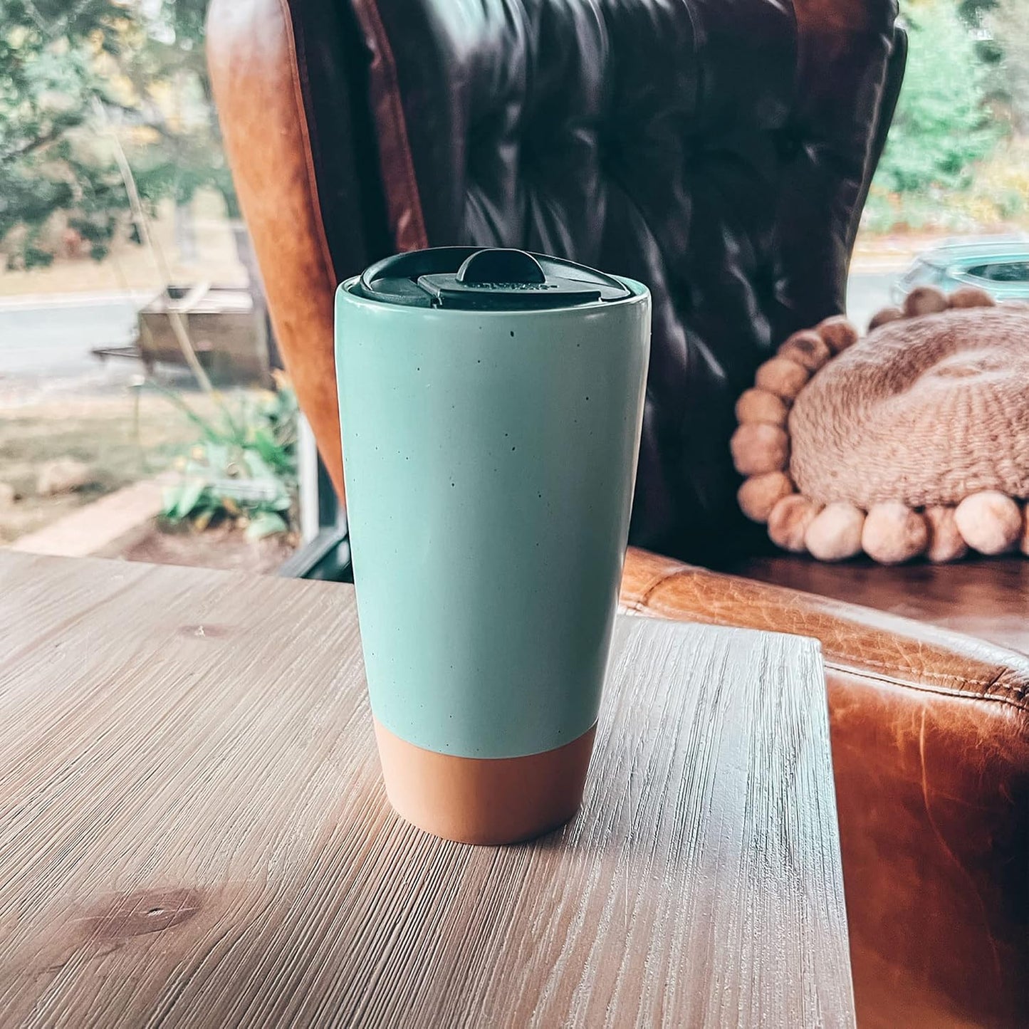 Double Wall Ceramic Coffee Travel Mug with Lid, 14 oz, Portable, Microwave, Dishwasher Safe, Insulated Reusable Tall Cup, Splash Resistant Lid - To Go Tumbler for Car Cup Holder, Dusty Blue