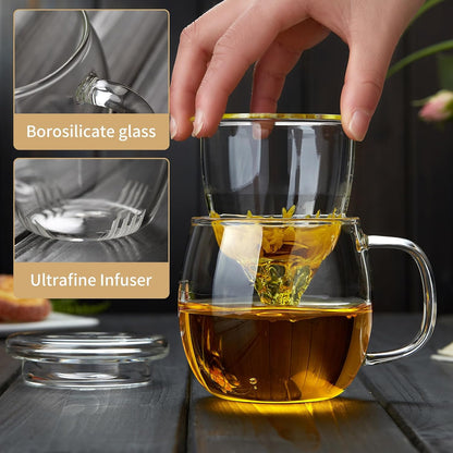 Glass Tea Cup with Infuser and Lid, 17.6oz/520ml Large Borosilicate Teacup,Tea Glass, Clear Mug for Loose Leaf Tea, Blooming Tea, Microwave & Dishwasher Safe - Tea Maker Gift for Birthday.