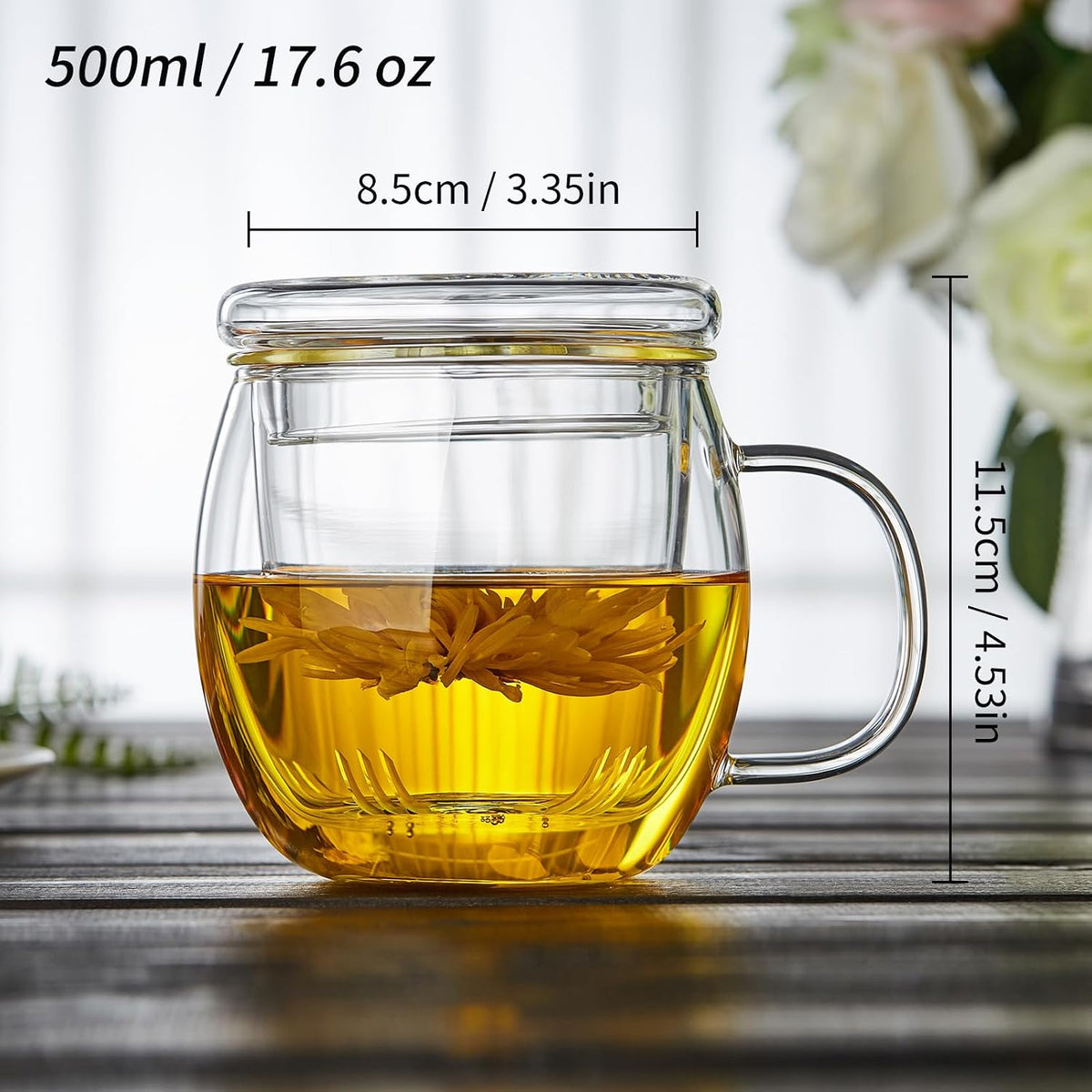 Glass Tea Cup with Infuser and Lid, 17.6oz/520ml Large Borosilicate Teacup,Tea Glass, Clear Mug for Loose Leaf Tea, Blooming Tea, Microwave & Dishwasher Safe - Tea Maker Gift for Birthday.