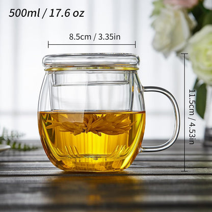 Glass Tea Cup with Infuser and Lid, 17.6oz/520ml Large Borosilicate Teacup,Tea Glass, Clear Mug for Loose Leaf Tea, Blooming Tea, Microwave & Dishwasher Safe - Tea Maker Gift for Birthday.