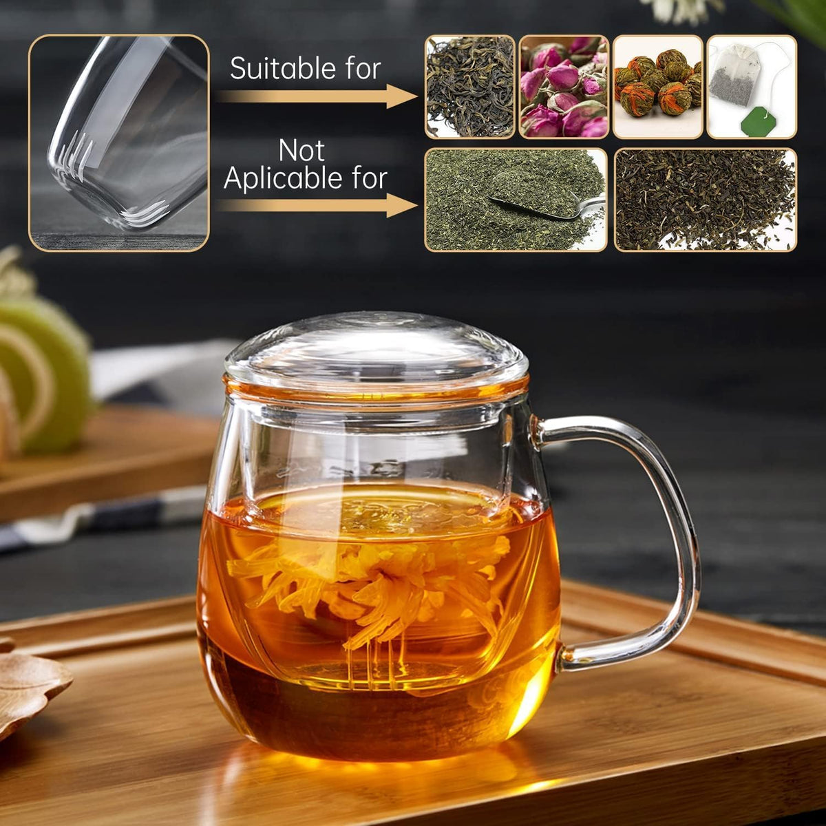 Glass Tea Cup with Infuser and Lid, 17.6oz/520ml Large Borosilicate Teacup,Tea Glass, Clear Mug for Loose Leaf Tea, Blooming Tea, Microwave & Dishwasher Safe - Tea Maker Gift for Birthday.