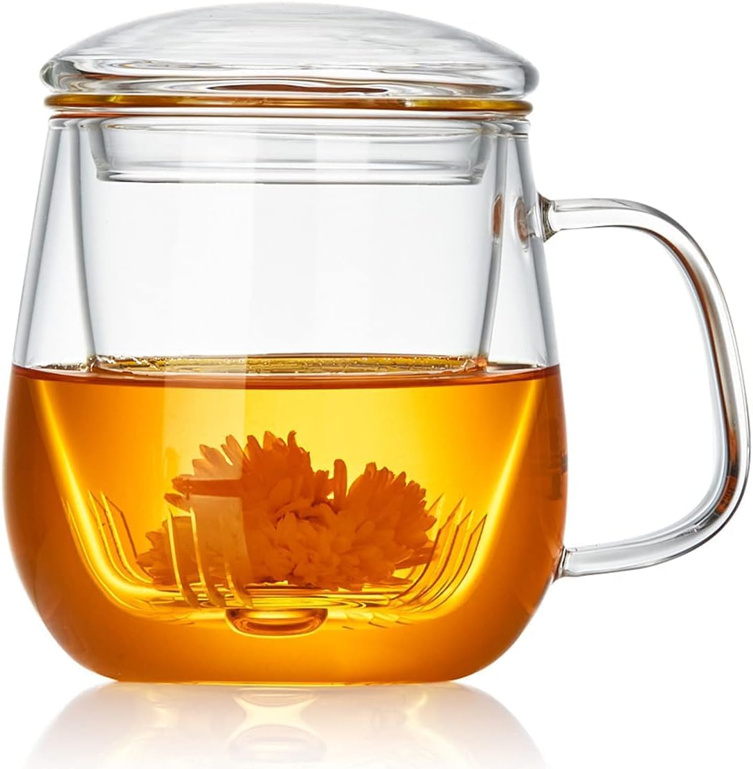 Glass Tea Cup with Infuser and Lid, 17.6oz/520ml Large Borosilicate Teacup,Tea Glass, Clear Mug for Loose Leaf Tea, Blooming Tea, Microwave & Dishwasher Safe - Tea Maker Gift for Birthday.