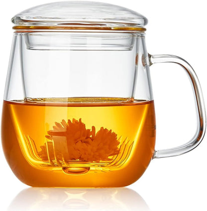 Glass Tea Cup with Infuser and Lid, 17.6oz/520ml Large Borosilicate Teacup,Tea Glass, Clear Mug for Loose Leaf Tea, Blooming Tea, Microwave & Dishwasher Safe - Tea Maker Gift for Birthday.