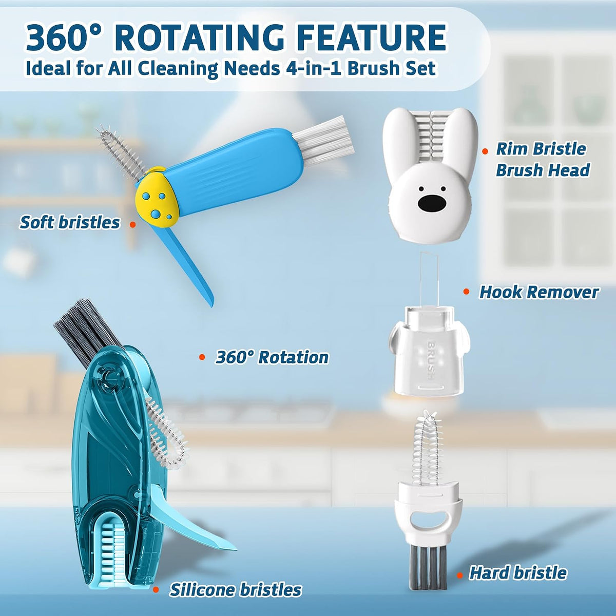 Cup Lid Cleaning Brush, Multifunctional Set with 3 in 1 Lid Cleaner and Two 4 in 1 Cup Lid Cleaning Brushes, Cleaning Brush Tool for Bottles, Straws, Tumblers, Travel Mug Caps, Portable Kit (Blue)