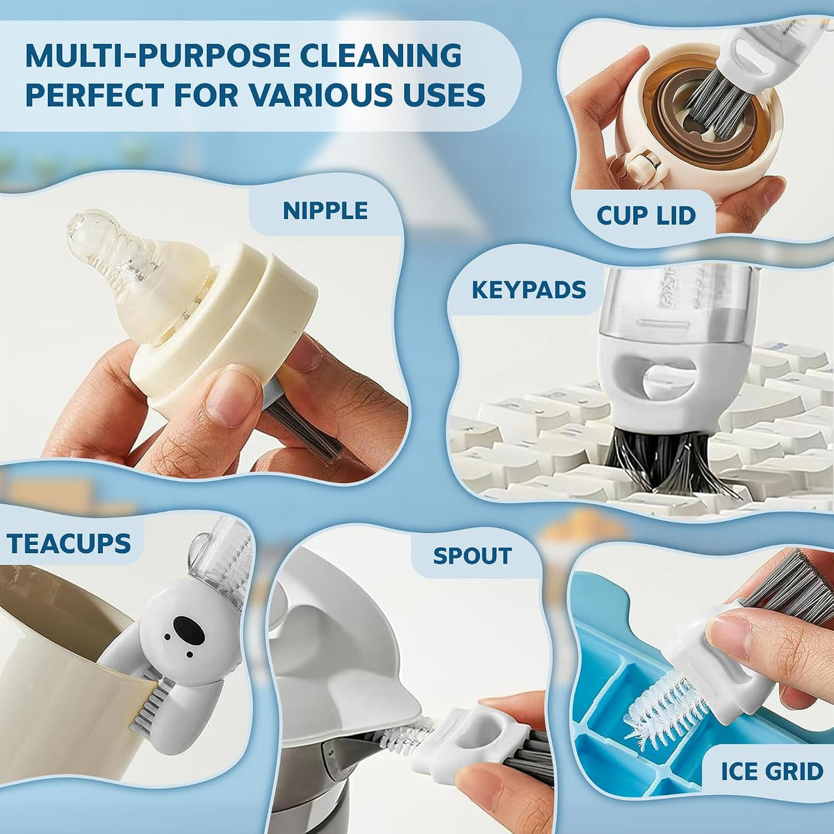 Cup Lid Cleaning Brush, Multifunctional Set with 3 in 1 Lid Cleaner and Two 4 in 1 Cup Lid Cleaning Brushes, Cleaning Brush Tool for Bottles, Straws, Tumblers, Travel Mug Caps, Portable Kit (Blue)