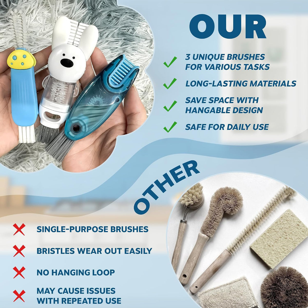 Cup Lid Cleaning Brush, Multifunctional Set with 3 in 1 Lid Cleaner and Two 4 in 1 Cup Lid Cleaning Brushes, Cleaning Brush Tool for Bottles, Straws, Tumblers, Travel Mug Caps, Portable Kit (Blue)