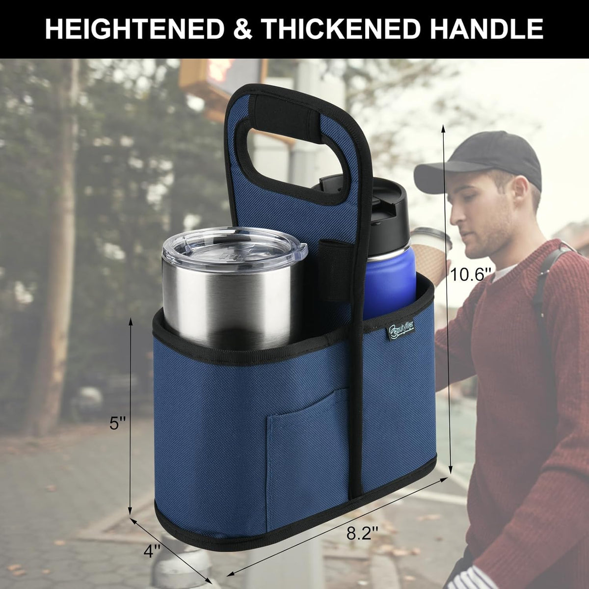 Drink Carrier with Handle for Delivery Reusable Insulated Coffee Cup Carrier Portable Cup Holder with Handle Organizer Tote Bag for Hot & Cold Drinks (2 Cup, Blue)