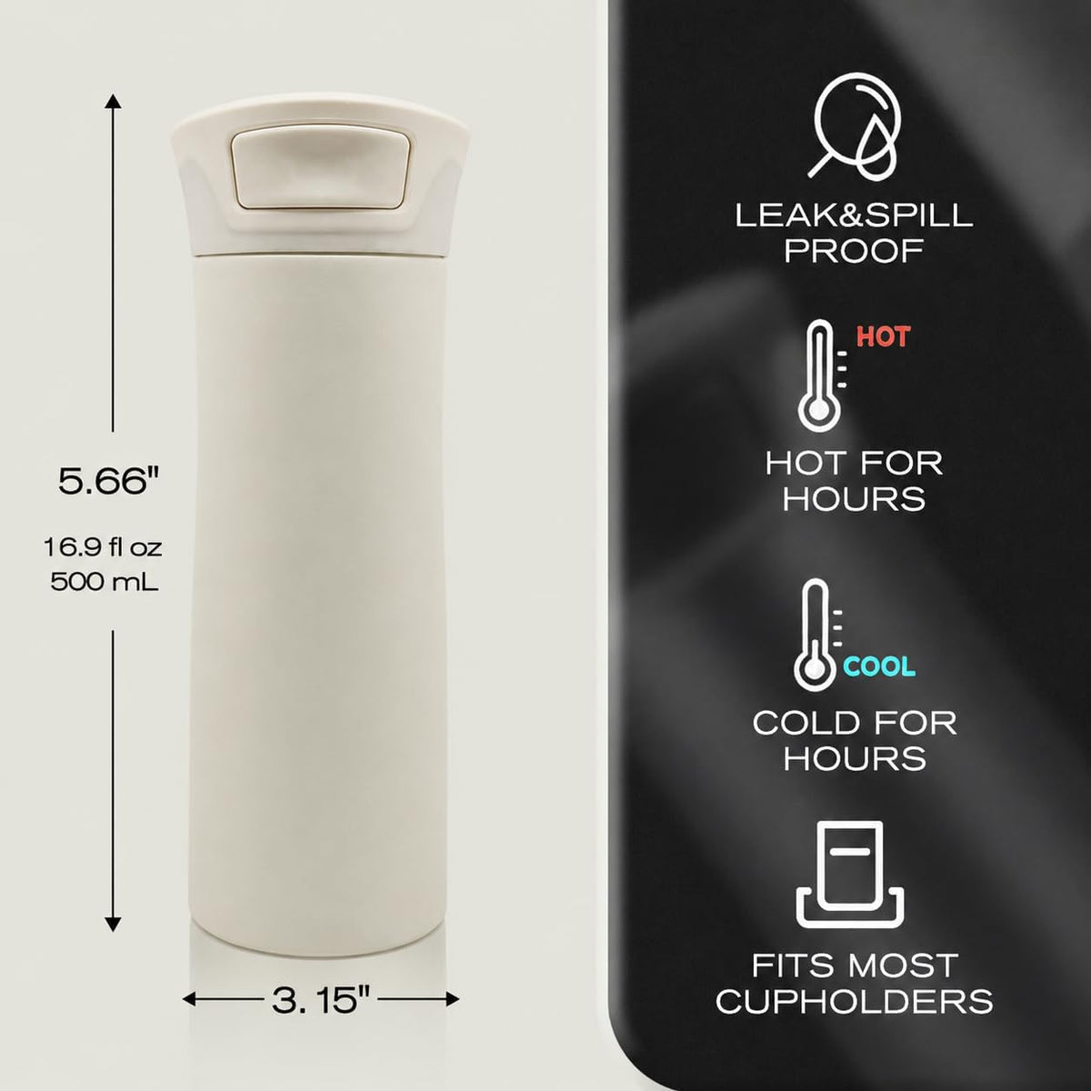 17 oz Leakproof Insulated Travel Coffee Mug with One-Hand Lid