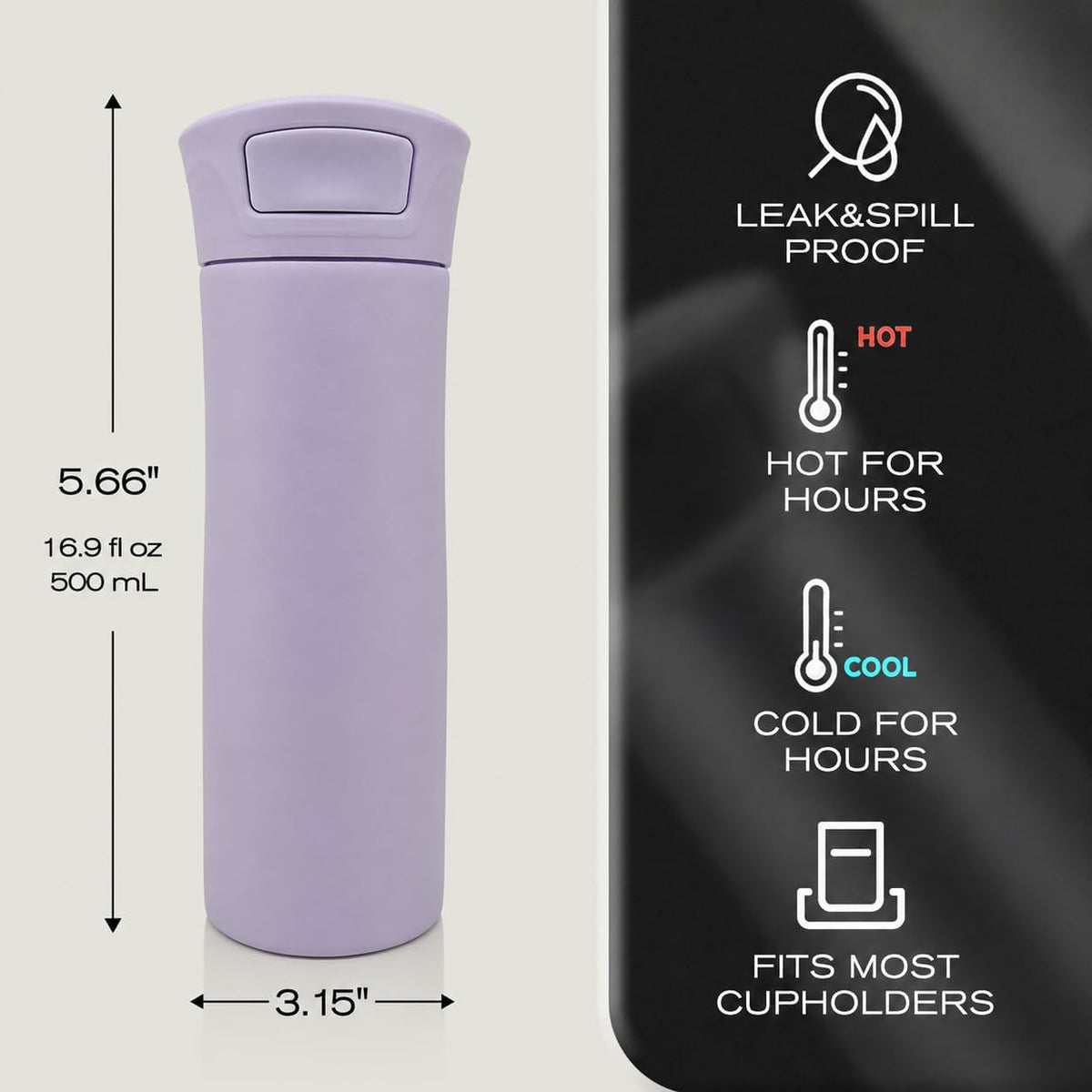 17 oz Leakproof Insulated Travel Coffee Mug with One-Hand Lid
