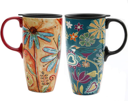 17oz Ceramic Travel Mug with Lid & Handle, Ceramic Coffee Mug | Woodland Forest Ceramic Coffee Mug, Nature Inspired Botanical Travel Cup, Microwave & Dishwasher Safe, Gift Box Included