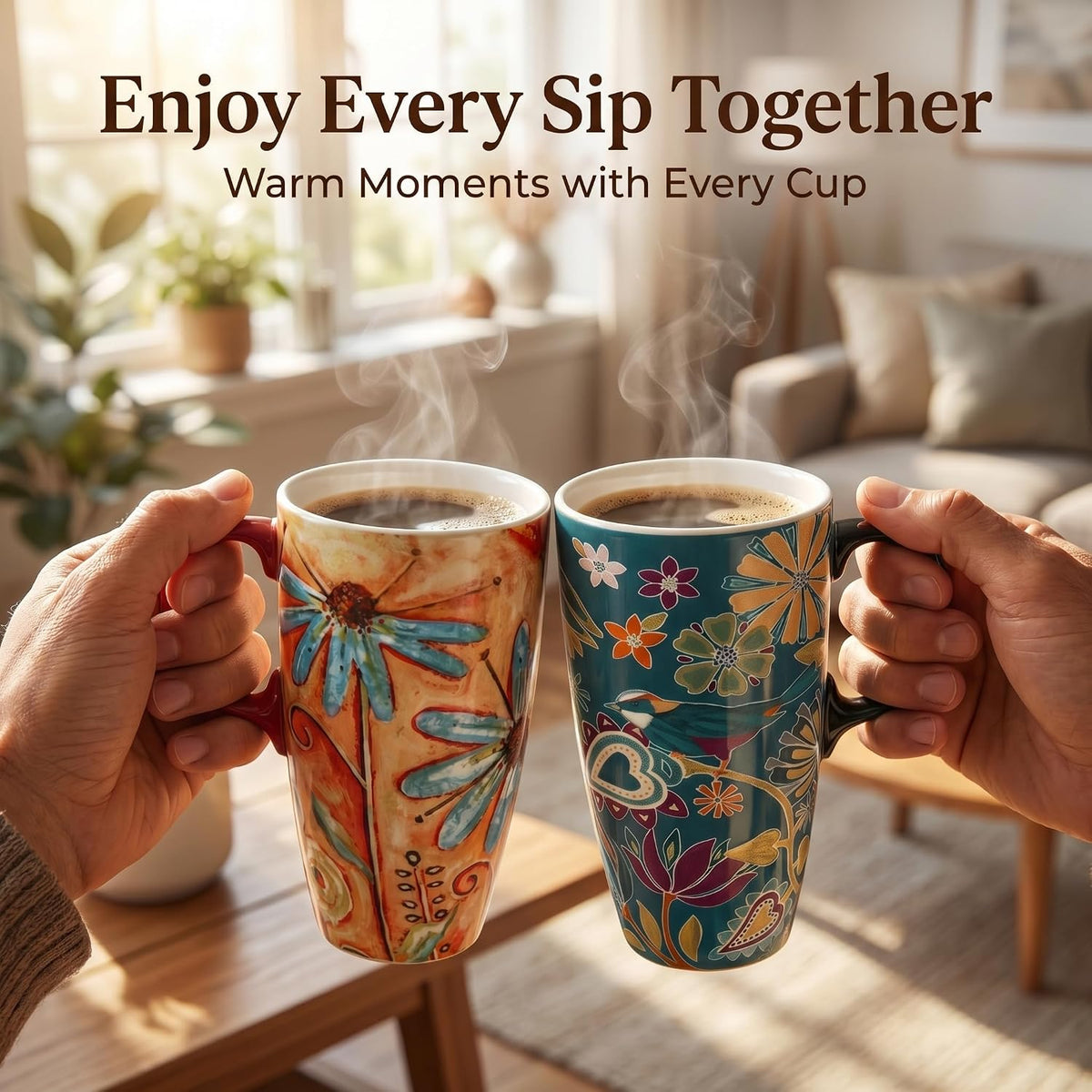 17oz Ceramic Travel Mug with Lid & Handle, Ceramic Coffee Mug | Woodland Forest Ceramic Coffee Mug, Nature Inspired Botanical Travel Cup, Microwave & Dishwasher Safe, Gift Box Included