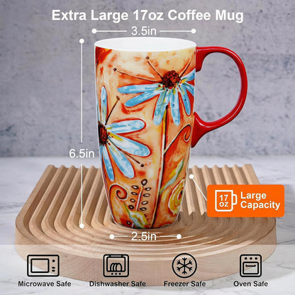 17oz Ceramic Travel Mug with Lid & Handle, Ceramic Coffee Mug | Woodland Forest Ceramic Coffee Mug, Nature Inspired Botanical Travel Cup, Microwave & Dishwasher Safe, Gift Box Included