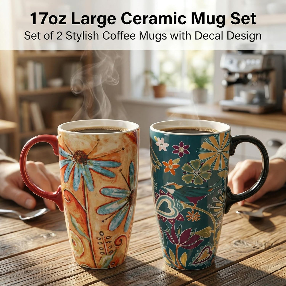 17oz Ceramic Travel Mug with Lid & Handle, Ceramic Coffee Mug | Woodland Forest Ceramic Coffee Mug, Nature Inspired Botanical Travel Cup, Microwave & Dishwasher Safe, Gift Box Included