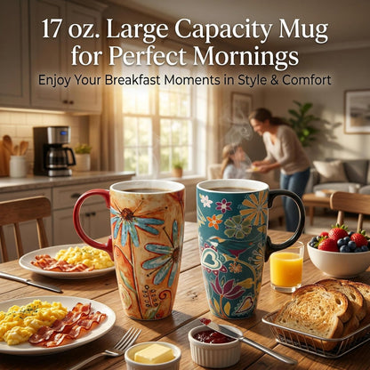 17oz Ceramic Travel Mug with Lid & Handle, Ceramic Coffee Mug | Woodland Forest Ceramic Coffee Mug, Nature Inspired Botanical Travel Cup, Microwave & Dishwasher Safe, Gift Box Included
