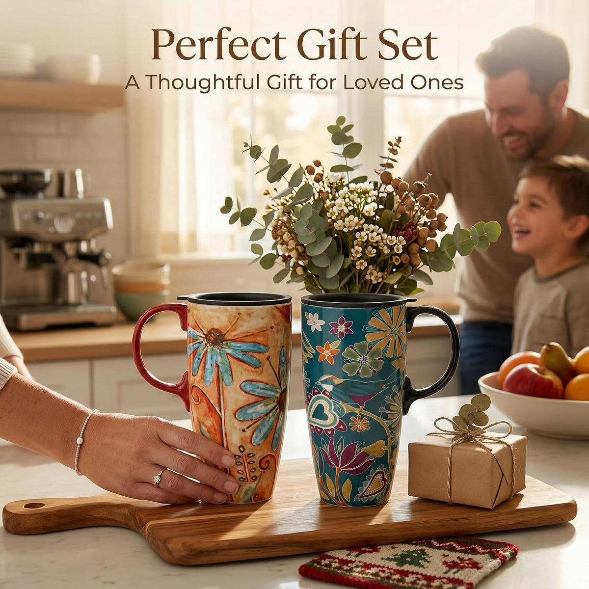 17oz Ceramic Travel Mug with Lid & Handle, Ceramic Coffee Mug | Woodland Forest Ceramic Coffee Mug, Nature Inspired Botanical Travel Cup, Microwave & Dishwasher Safe, Gift Box Included