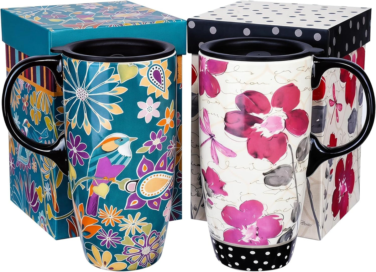 17oz Ceramic Travel Mug with Lid & Handle, Ceramic Coffee Mug | Woodland Forest Ceramic Coffee Mug, Nature Inspired Botanical Travel Cup, Microwave & Dishwasher Safe, Gift Box Included