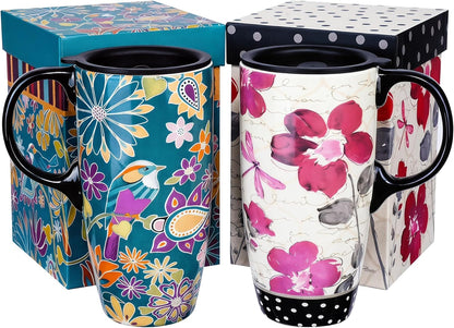 17oz Ceramic Travel Mug with Lid & Handle, Ceramic Coffee Mug | Woodland Forest Ceramic Coffee Mug, Nature Inspired Botanical Travel Cup, Microwave & Dishwasher Safe, Gift Box Included