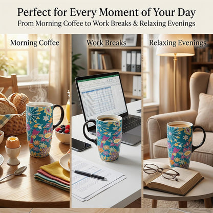 17oz Ceramic Travel Mug with Lid & Handle, Ceramic Coffee Mug | Woodland Forest Ceramic Coffee Mug, Nature Inspired Botanical Travel Cup, Microwave & Dishwasher Safe, Gift Box Included