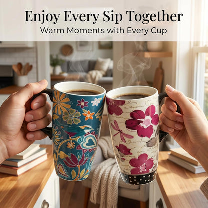 17oz Ceramic Travel Mug with Lid & Handle, Ceramic Coffee Mug | Woodland Forest Ceramic Coffee Mug, Nature Inspired Botanical Travel Cup, Microwave & Dishwasher Safe, Gift Box Included