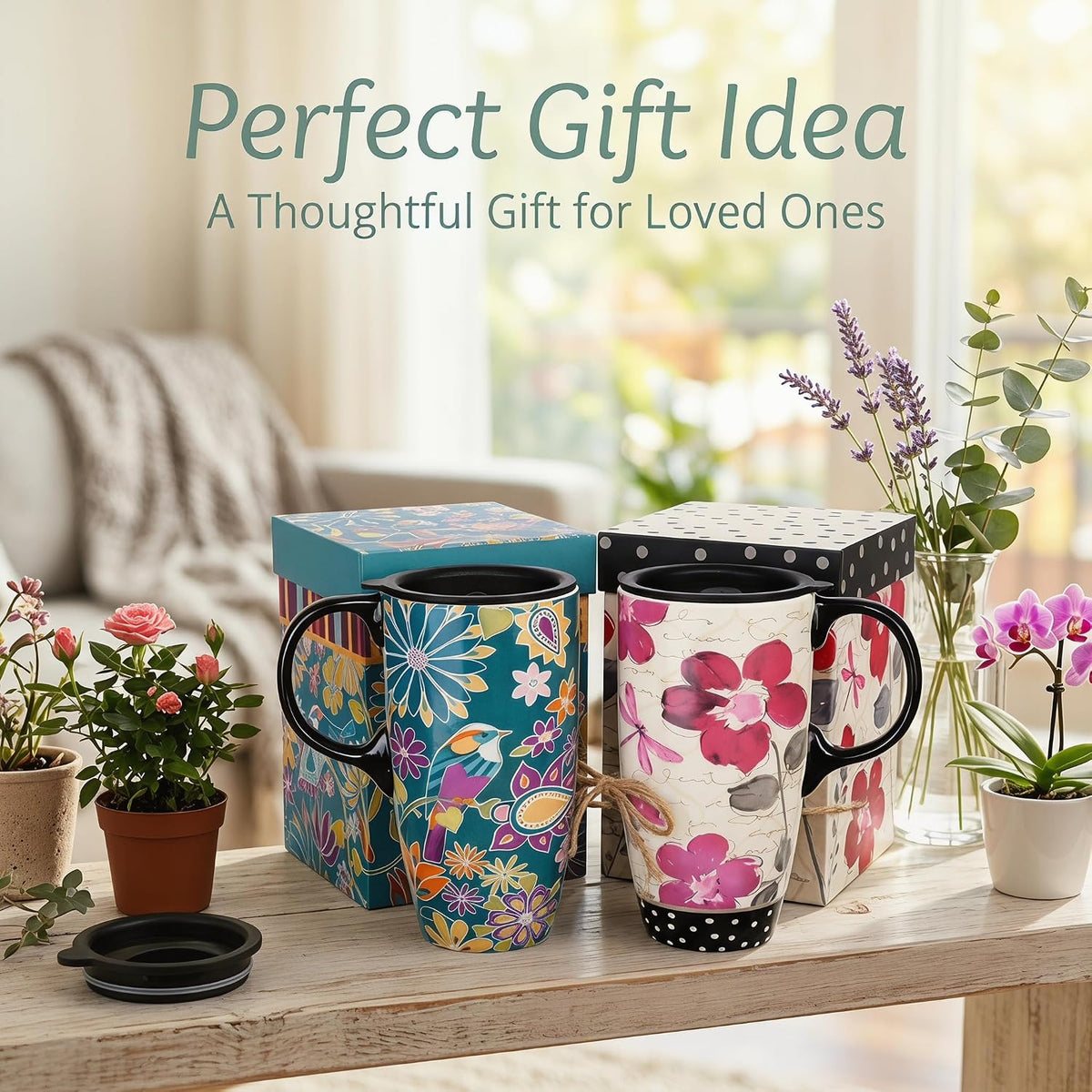 17oz Ceramic Travel Mug with Lid & Handle, Ceramic Coffee Mug | Woodland Forest Ceramic Coffee Mug, Nature Inspired Botanical Travel Cup, Microwave & Dishwasher Safe, Gift Box Included
