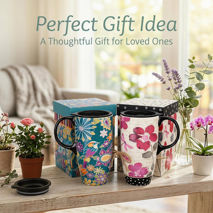 17oz Ceramic Travel Mug with Lid & Handle, Ceramic Coffee Mug | Woodland Forest Ceramic Coffee Mug, Nature Inspired Botanical Travel Cup, Microwave & Dishwasher Safe, Gift Box Included