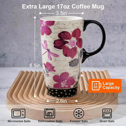 17oz Ceramic Travel Mug with Lid & Handle, Ceramic Coffee Mug | Woodland Forest Ceramic Coffee Mug, Nature Inspired Botanical Travel Cup, Microwave & Dishwasher Safe, Gift Box Included