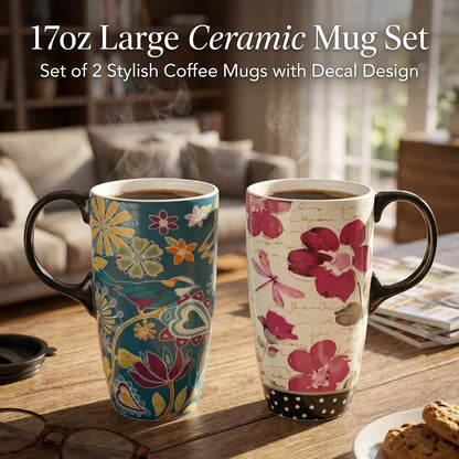 17oz Ceramic Travel Mug with Lid & Handle, Ceramic Coffee Mug | Woodland Forest Ceramic Coffee Mug, Nature Inspired Botanical Travel Cup, Microwave & Dishwasher Safe, Gift Box Included