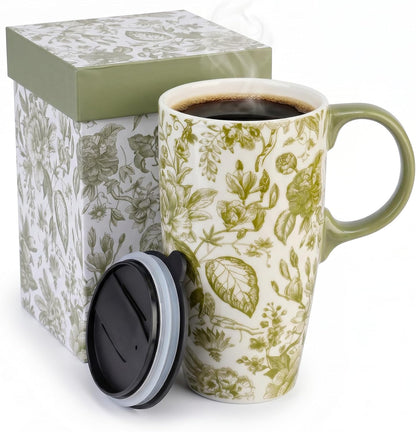 17oz Ceramic Travel Mug with Lid & Handle, Ceramic Coffee Mug | Woodland Forest Ceramic Coffee Mug, Nature Inspired Botanical Travel Cup, Microwave & Dishwasher Safe, Gift Box Included