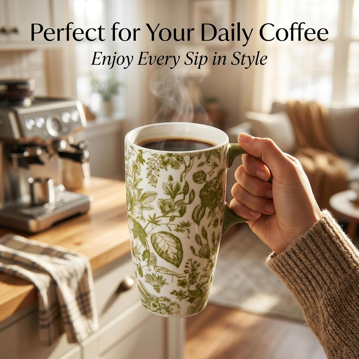 17oz Ceramic Travel Mug with Lid & Handle, Ceramic Coffee Mug | Woodland Forest Ceramic Coffee Mug, Nature Inspired Botanical Travel Cup, Microwave & Dishwasher Safe, Gift Box Included