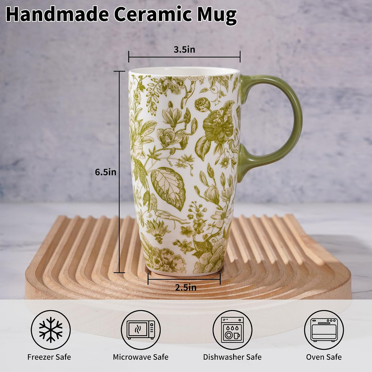17oz Ceramic Travel Mug with Lid & Handle, Ceramic Coffee Mug | Woodland Forest Ceramic Coffee Mug, Nature Inspired Botanical Travel Cup, Microwave & Dishwasher Safe, Gift Box Included