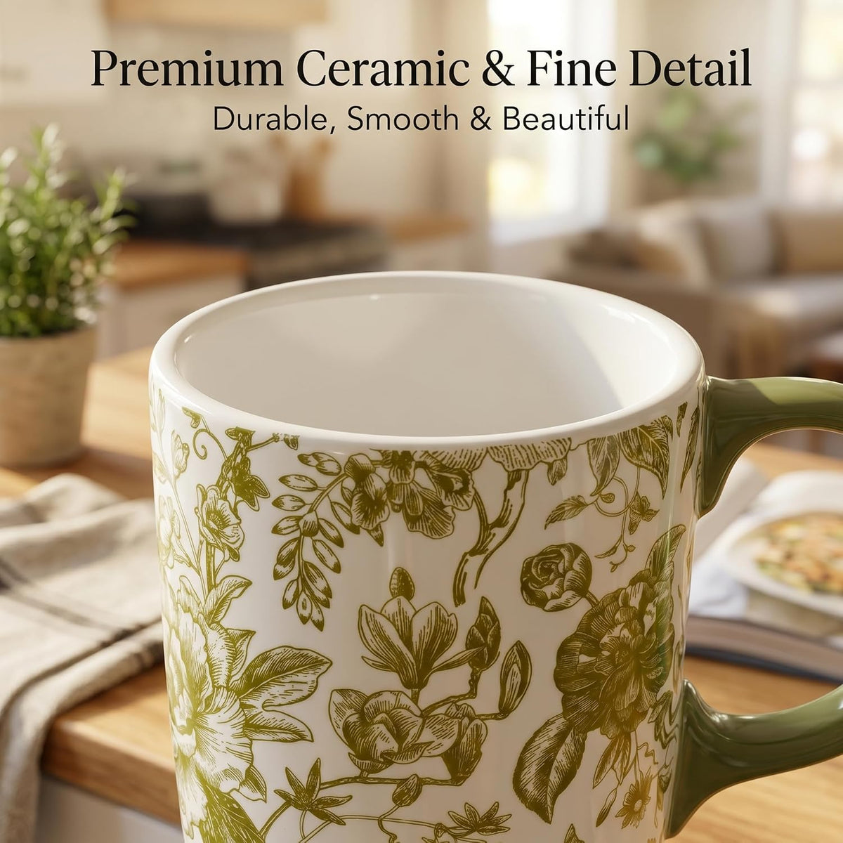 17oz Ceramic Travel Mug with Lid & Handle, Ceramic Coffee Mug | Woodland Forest Ceramic Coffee Mug, Nature Inspired Botanical Travel Cup, Microwave & Dishwasher Safe, Gift Box Included