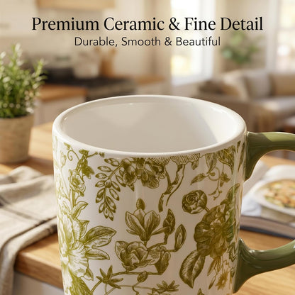 17oz Ceramic Travel Mug with Lid & Handle, Ceramic Coffee Mug | Woodland Forest Ceramic Coffee Mug, Nature Inspired Botanical Travel Cup, Microwave & Dishwasher Safe, Gift Box Included