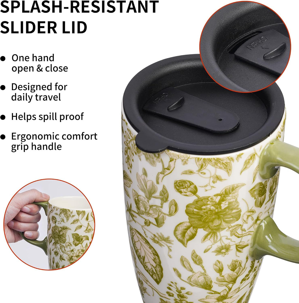 17oz Ceramic Travel Mug with Lid & Handle, Ceramic Coffee Mug | Woodland Forest Ceramic Coffee Mug, Nature Inspired Botanical Travel Cup, Microwave & Dishwasher Safe, Gift Box Included