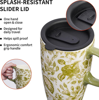 17oz Ceramic Travel Mug with Lid & Handle, Ceramic Coffee Mug | Woodland Forest Ceramic Coffee Mug, Nature Inspired Botanical Travel Cup, Microwave & Dishwasher Safe, Gift Box Included