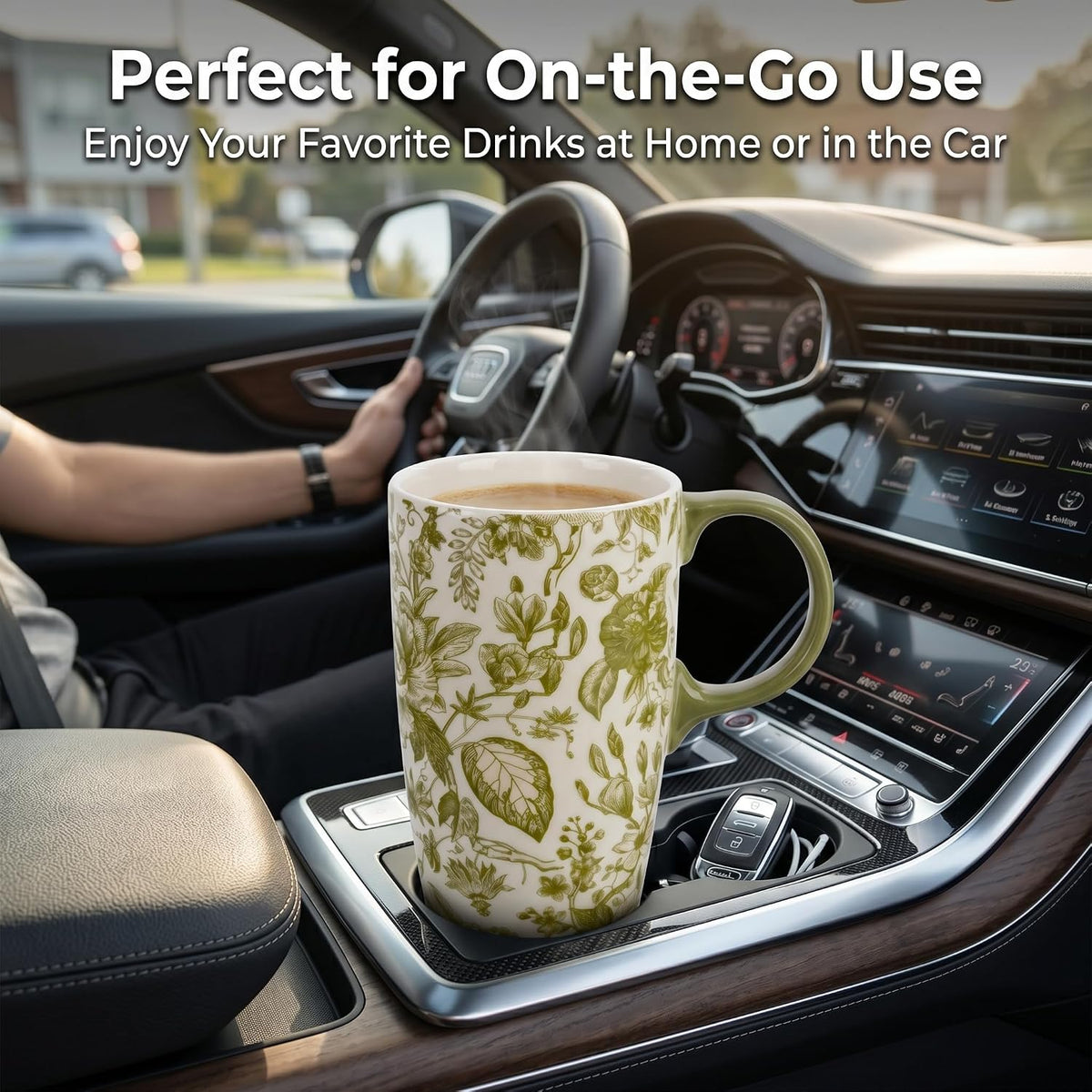 17oz Ceramic Travel Mug with Lid & Handle, Ceramic Coffee Mug | Woodland Forest Ceramic Coffee Mug, Nature Inspired Botanical Travel Cup, Microwave & Dishwasher Safe, Gift Box Included