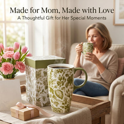 17oz Ceramic Travel Mug with Lid & Handle, Ceramic Coffee Mug | Woodland Forest Ceramic Coffee Mug, Nature Inspired Botanical Travel Cup, Microwave & Dishwasher Safe, Gift Box Included