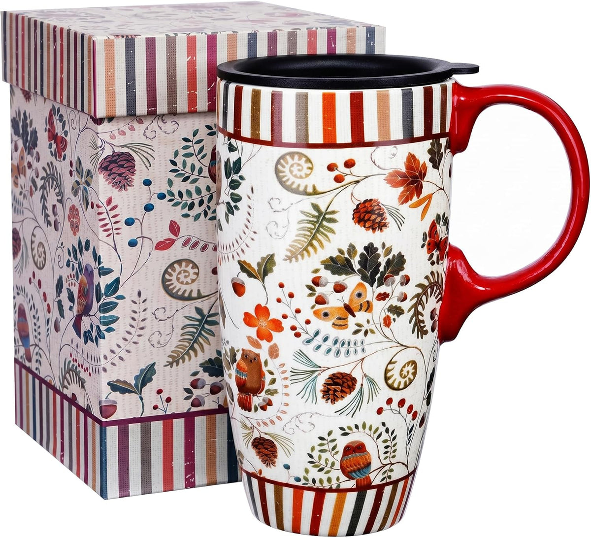 17oz Ceramic Travel Mug with Lid & Handle, Ceramic Coffee Mug | Woodland Forest Ceramic Coffee Mug, Nature Inspired Botanical Travel Cup, Microwave & Dishwasher Safe, Gift Box Included