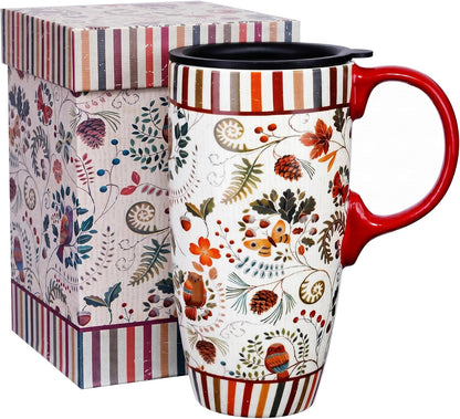 17oz Ceramic Travel Mug with Lid & Handle, Ceramic Coffee Mug | Woodland Forest Ceramic Coffee Mug, Nature Inspired Botanical Travel Cup, Microwave & Dishwasher Safe, Gift Box Included