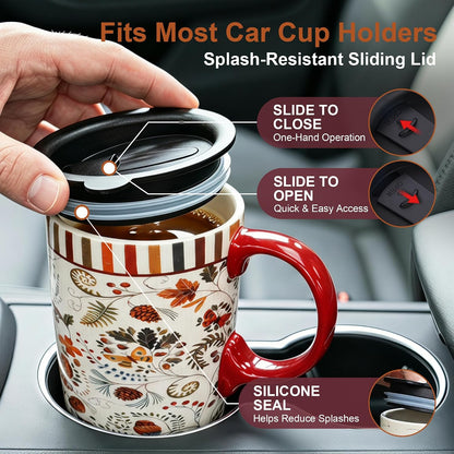 17oz Ceramic Travel Mug with Lid & Handle, Ceramic Coffee Mug | Woodland Forest Ceramic Coffee Mug, Nature Inspired Botanical Travel Cup, Microwave & Dishwasher Safe, Gift Box Included