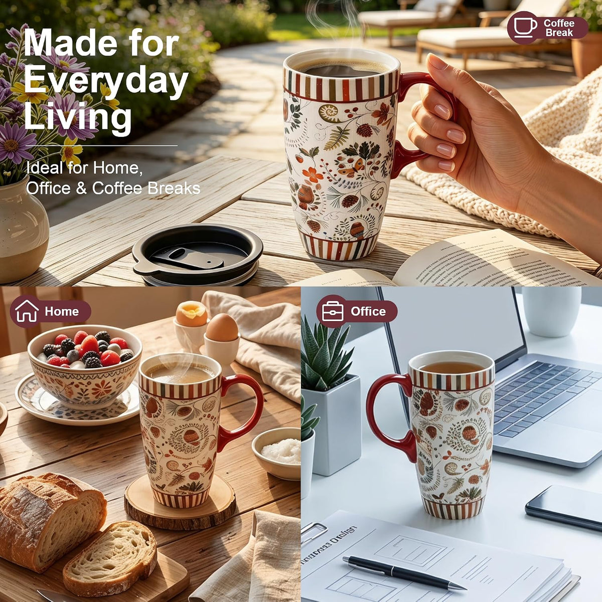17oz Ceramic Travel Mug with Lid & Handle, Ceramic Coffee Mug | Woodland Forest Ceramic Coffee Mug, Nature Inspired Botanical Travel Cup, Microwave & Dishwasher Safe, Gift Box Included